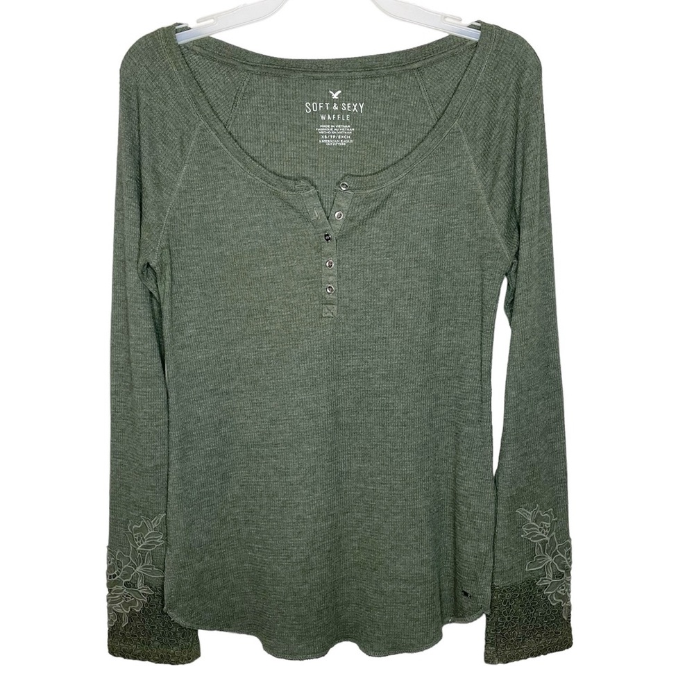 American Eagle Soft & Sexy Waffle V-Neck Long Sleeve Button Down Shirt w/ Lace - Picture 2 of 8